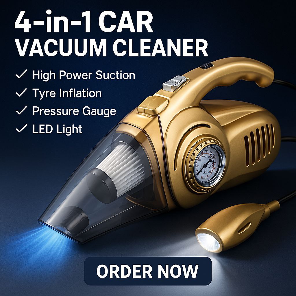 “Gold 4-in-1 car vacuum cleaner with high power suction, tyre inflator, pressure gauge and LED light on a dark background.”